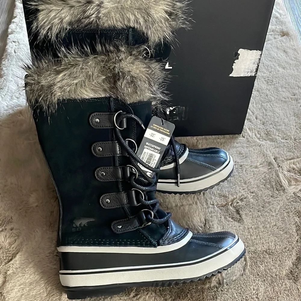 Sorel Black and White Winter Rain Boots with Faux Fur Cuff - Picture 6 of 10